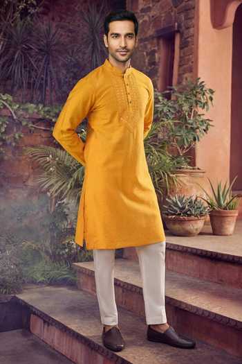 Shop_Jhambthreads_Yellow Silk, Jacquard Embroidery, Mirrors Kurta And Pant Set _Online_at_Aza_Fashions