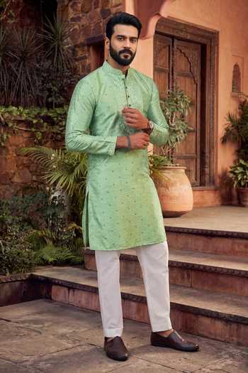 Jhambthreads_Green Silk, Jacquard Embroidery, Mirrors Woven Butti Work Kurta And Pant Set _Online_at_Aza_Fashions