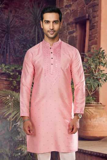 Jhambthreads_Pink Silk, Jacquard Mirrors, Embroidery Kurta And Pant Set _Online_at_Aza_Fashions