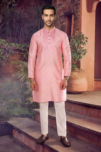 Buy_Jhambthreads_Pink Silk, Jacquard Mirrors, Embroidery Kurta And Pant Set _Online_at_Aza_Fashions