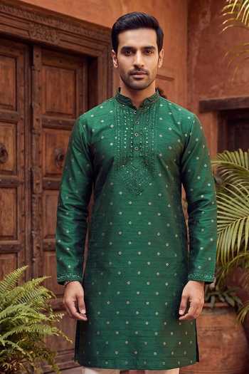 Jhambthreads_Green Silk, Jacquard Embroidery, Mirrors Kurta And Pant Set _Online_at_Aza_Fashions