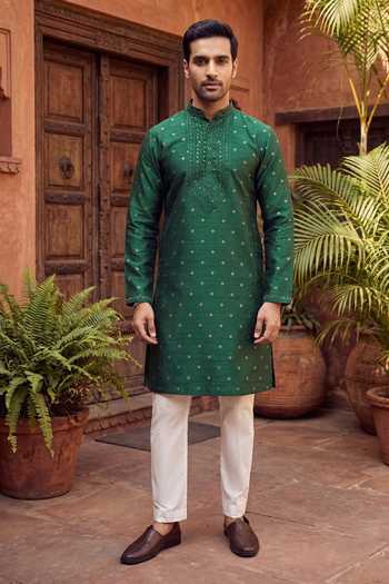 Buy_Jhambthreads_Green Silk, Jacquard Embroidery, Mirrors Kurta And Pant Set _Online_at_Aza_Fashions