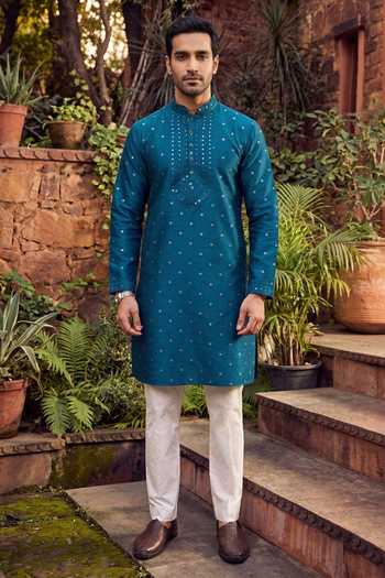 Jhambthreads_Green Silk, Jacquard Embroidery, Mirrors Kurta And Pant Set _Online_at_Aza_Fashions