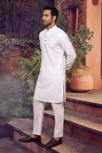 Buy_Jhambthreads_White Cotton, Silk Embroidery, Sequins Kurta And Pant Set _Online_at_Aza_Fashions