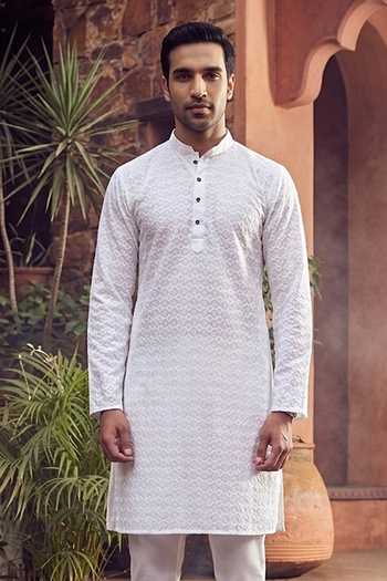 Shop_Jhambthreads_White Cotton, Silk Embroidery, Sequins Kurta And Pant Set _Online_at_Aza_Fashions