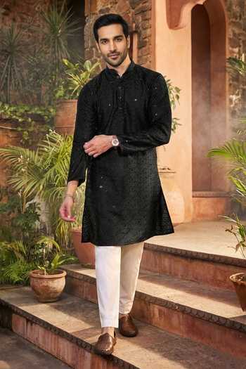 Shop_Jhambthreads_Black Cotton, Silk Embroidery, Sequins Kurta And Pant Set _Online_at_Aza_Fashions