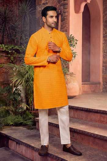 Buy_Jhambthreads_Yellow Cotton, Silk Embroidery, Sequins Kurta And Pant Set _Online_at_Aza_Fashions