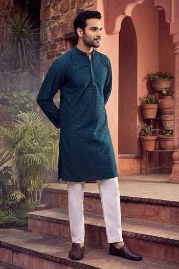 Jhambthreads Green Cotton, Silk Embroidery, Sequins Kurta And Pant Set Online at Aza Fashions Jhambthreads_Green Cotton, Silk Embroidery, Sequins Kurta And Pant Set _Online_at_Aza_Fashions