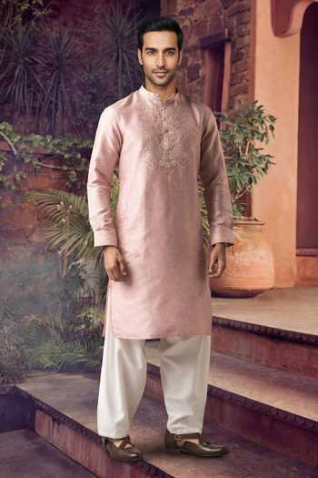 Buy_Jhambthreads_Pink Viscose, Silk Embroidery Kurta And Pyjama Set _Online_at_Aza_Fashions