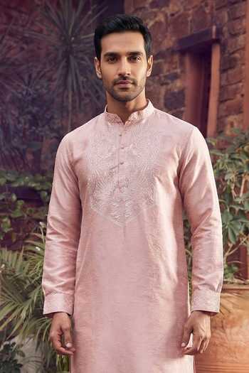 Shop_Jhambthreads_Pink Viscose, Silk Embroidery Kurta And Pyjama Set _Online_at_Aza_Fashions