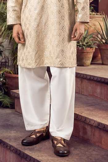 Jhambthreads_Beige Viscose, Silk Embroidery, Zari Kurta And Pyjama Set _Online_at_Aza_Fashions
