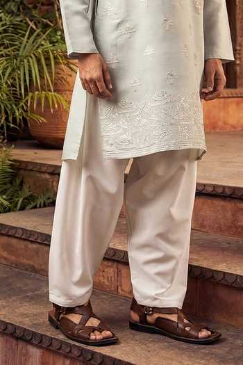 Jhambthreads_Blue Silk Embroidery Straight Kurta And Pyjama Set _Online_at_Aza_Fashions