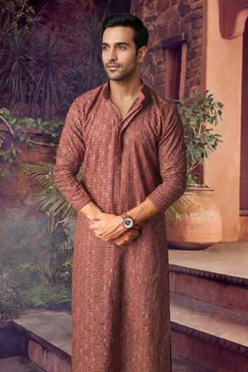 Buy_Jhambthreads_Red Viscose, Rayon, Silk Embroidery Straight Kurta Set _Online_at_Aza_Fashions