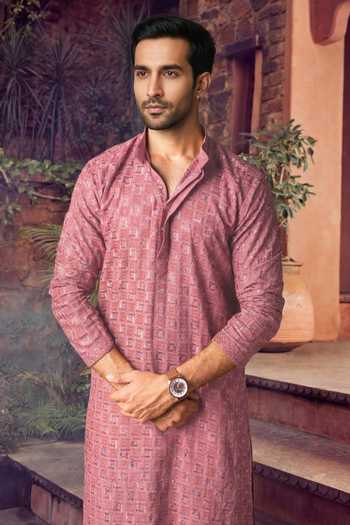 Jhambthreads_Pink Viscose, Rayon, Silk Embroidery Kurta Set _Online_at_Aza_Fashions