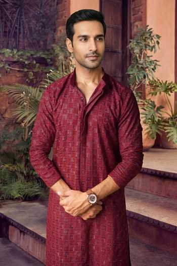 Jhambthreads_Burgundy Viscose, Rayon, Silk Embroidery Kurta Set _Online_at_Aza_Fashions