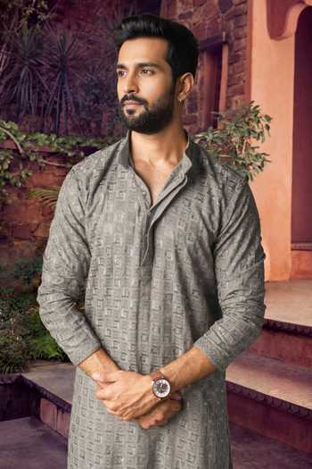 Buy_Jhambthreads_Silver Viscose, Rayon, Silk Embroidery Kurta Set _Online_at_Aza_Fashions