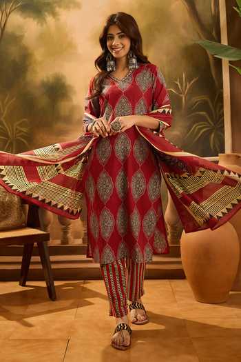 Jhambthreads Motif Print Cotton Kurta Set 