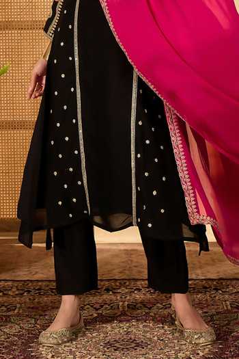 Jhambthreads_Black Silk, Chiffon Embroidery Round Neck Kurta Set _Online_at_Aza_Fashions