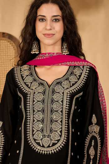 Buy_Jhambthreads_Black Silk, Chiffon Embroidery Round Neck Kurta Set _Online_at_Aza_Fashions