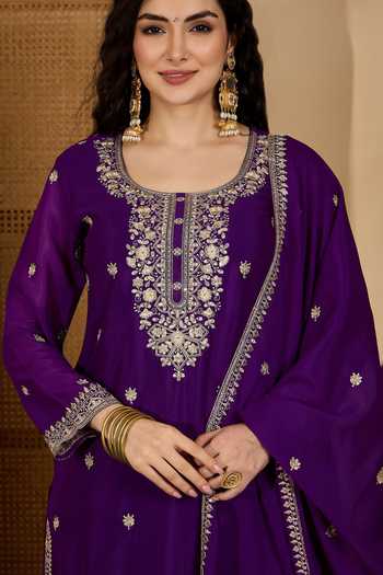 Jhambthreads_Purple Silk, Chinon Embroidery Round Neck Kurta Palazzo Set _Online_at_Aza_Fashions