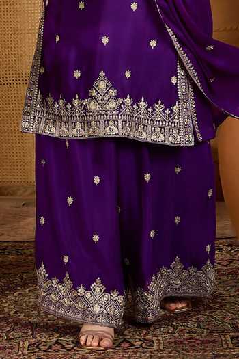 Buy_Jhambthreads_Purple Silk, Chinon Embroidery Round Neck Kurta Palazzo Set _Online_at_Aza_Fashions