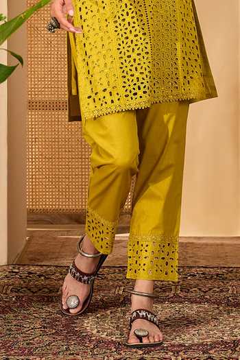 Buy_Jhambthreads_Yellow Pure Cotton Cut Work Round Neck Embroidered Kurta And Pant Set _Online_at_Aza_Fashions