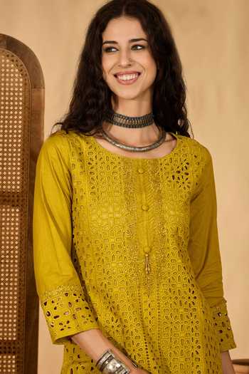 Shop_Jhambthreads_Yellow Pure Cotton Cut Work Round Neck Embroidered Kurta And Pant Set _Online_at_Aza_Fashions