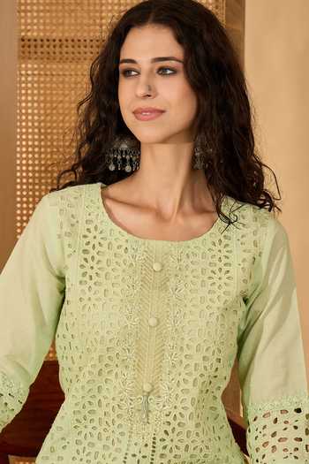 Jhambthreads_Green Pure Cotton Embroidery Round Neck Straight Kurta And Pant Set _Online_at_Aza_Fashions