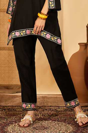 Jhambthreads_Black Silk Thread Embroidery Kurta And Pant Set _Online_at_Aza_Fashions