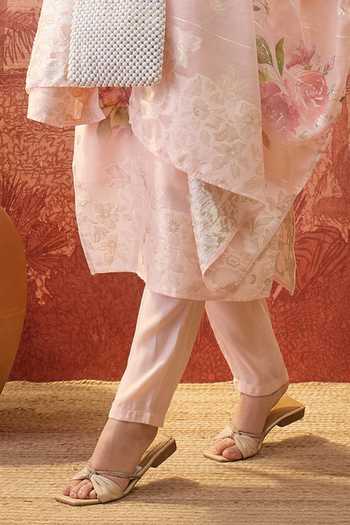 Buy_Jhambthreads_Peach Chanderi, Muslin V-neck Floral Print Kurta And Pant Set _Online_at_Aza_Fashions