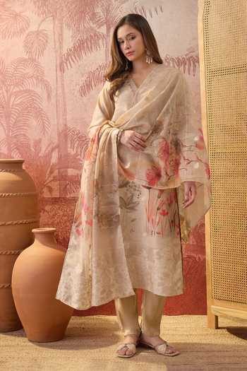 Jhambthreads Chanderi Floral Printed Straight Kurta Set 