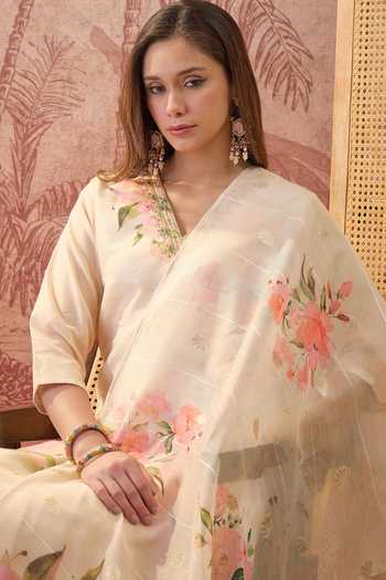 Jhambthreads_Cream Chanderi, Muslin V-neck Floral Print Kurta And Pant Set _Online_at_Aza_Fashions