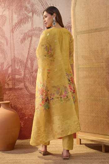 Shop Jhambthreads Yellow Chanderi, Muslin V-neck Printed Kurta And Pant Set at Aza Fashions Shop_Jhambthreads_Yellow Chanderi, Muslin V-neck Printed Kurta And Pant Set _at_Aza_Fashions