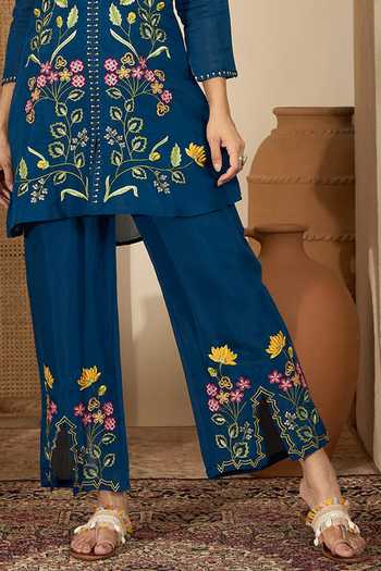 Jhambthreads_Blue Silk Embroidery Collared, Yes Kurta And Pant Set _Online_at_Aza_Fashions