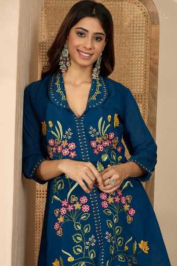 Buy_Jhambthreads_Blue Silk Embroidery Collared, Yes Kurta And Pant Set _Online_at_Aza_Fashions