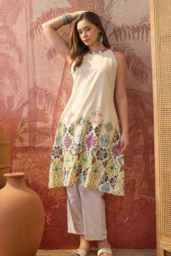 Shop_Jhambthreads_Cream Cotton Round Neck Geometric Print Kurta And Pant Set _Online_at_Aza_Fashions