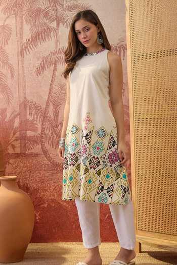 Buy_Jhambthreads_Cream Cotton Round Neck Geometric Print Kurta And Pant Set 