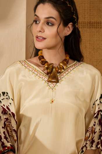Jhambthreads_Cream Silk V-neck Printed Kaftan And Pant Set _Online_at_Aza_Fashions