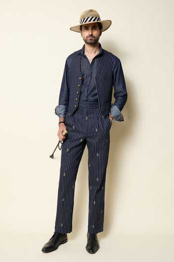 Buy_House Of Three_Blue Cotton, Denim Zari Tailored Shirt _Online_at_Aza_Fashions