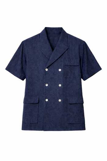 Shop_House Of Three_Blue Linen Double Breasted Resort Shirt _Online_at_Aza_Fashions