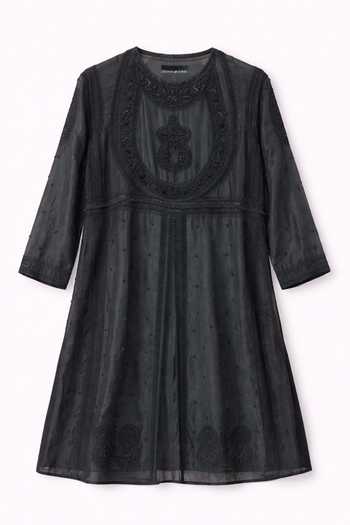 Shop_House Of Three_Black Silk, Cotton, Chanderi Embroidery Chikankari Arsalan Kurta _Online_at_Aza_Fashions
