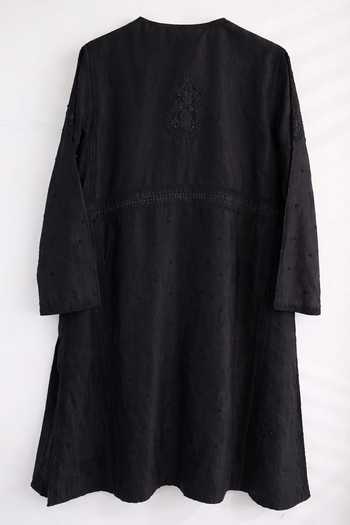House Of Three_Black Silk, Cotton, Chanderi Embroidery Chikankari Arsalan Kurta _at_Aza_Fashions