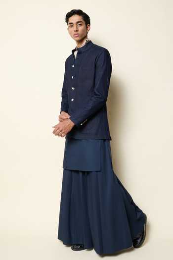 Buy_House Of Three_Blue Cotton, Poplin Navy Chest Pocket Kurta _Online_at_Aza_Fashions