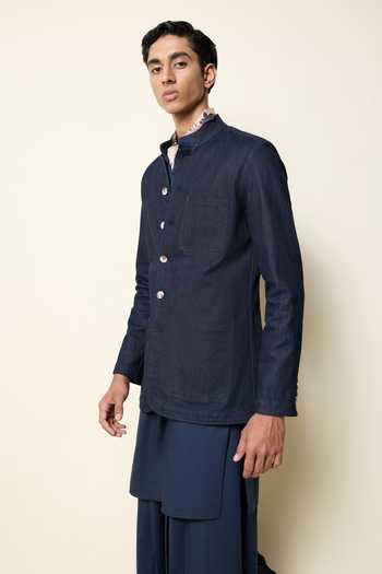 House Of Three_Blue Cotton, Poplin Navy Chest Pocket Kurta _at_Aza_Fashions