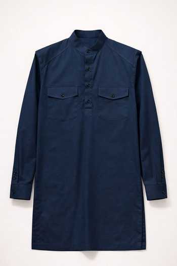Buy_House Of Three_Blue Cotton, Poplin Navy Chest Pocket Kurta 