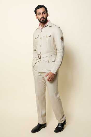 Shop_House Of Three_Beige Linen Gurkha Trouser _Online_at_Aza_Fashions