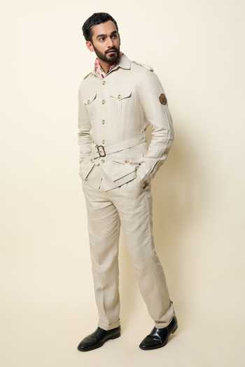 House Of Three_Beige Linen Gurkha Trouser _at_Aza_Fashions