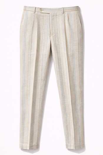 Shop_House Of Three_Beige Cotton Seer Sucker Striped Trouser _Online_at_Aza_Fashions