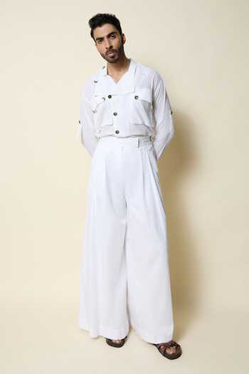 House Of Three_White Cotton, Poplin Hridaya Pleated Wide-leg Trouser _at_Aza_Fashions