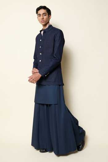 Buy_House Of Three_Blue Cotton, Poplin Hridaya Pleated Wide-leg Trouser _Online_at_Aza_Fashions